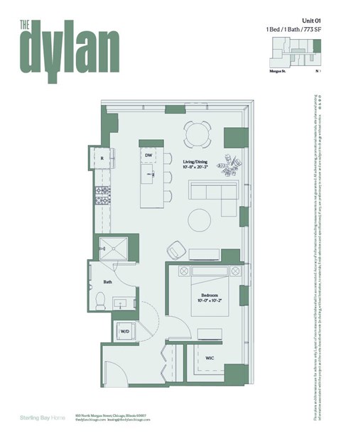 Floor plan for 1 bed, 1 bath, 773 sqft